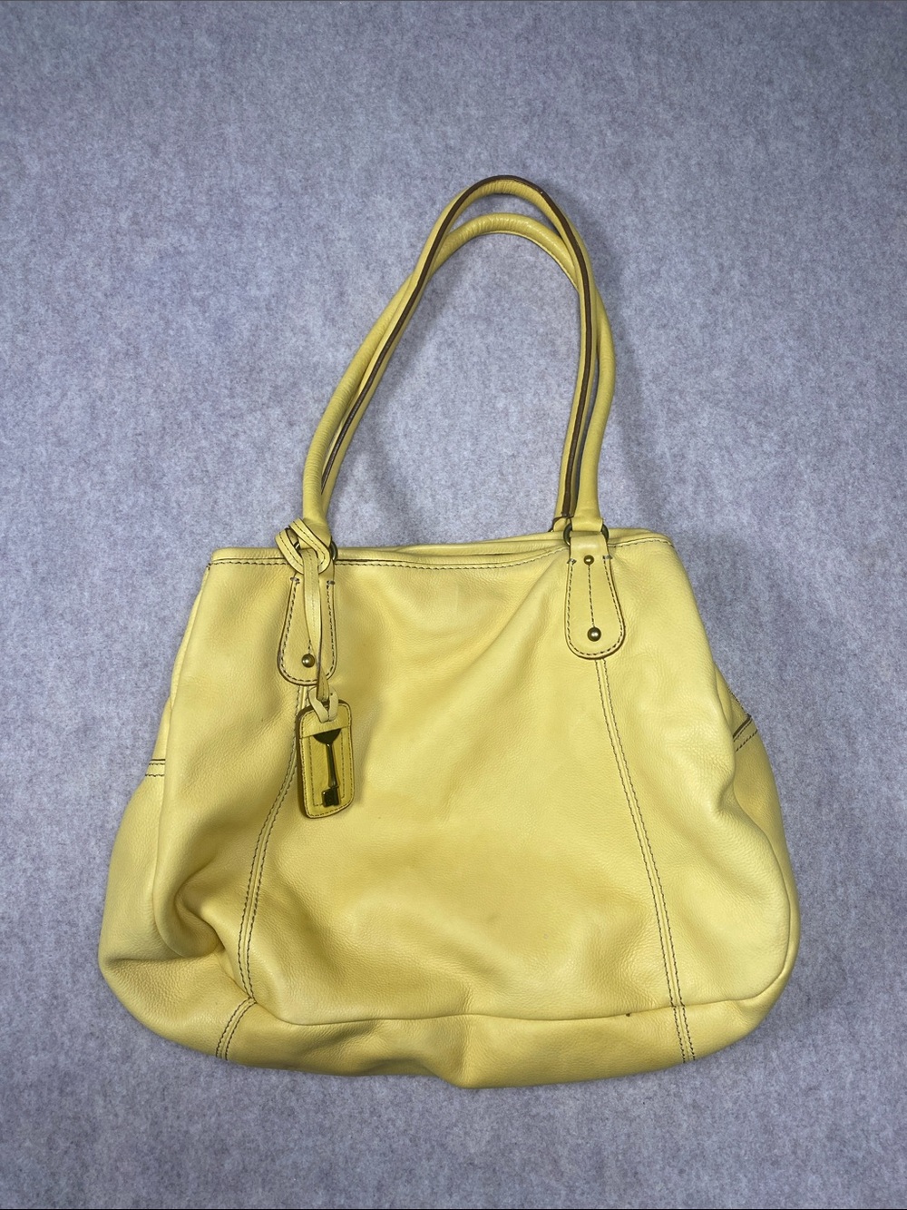 Fossil Key Yellow Pebble Leather Satchel Tote Shoulder Bag Genuine Leather